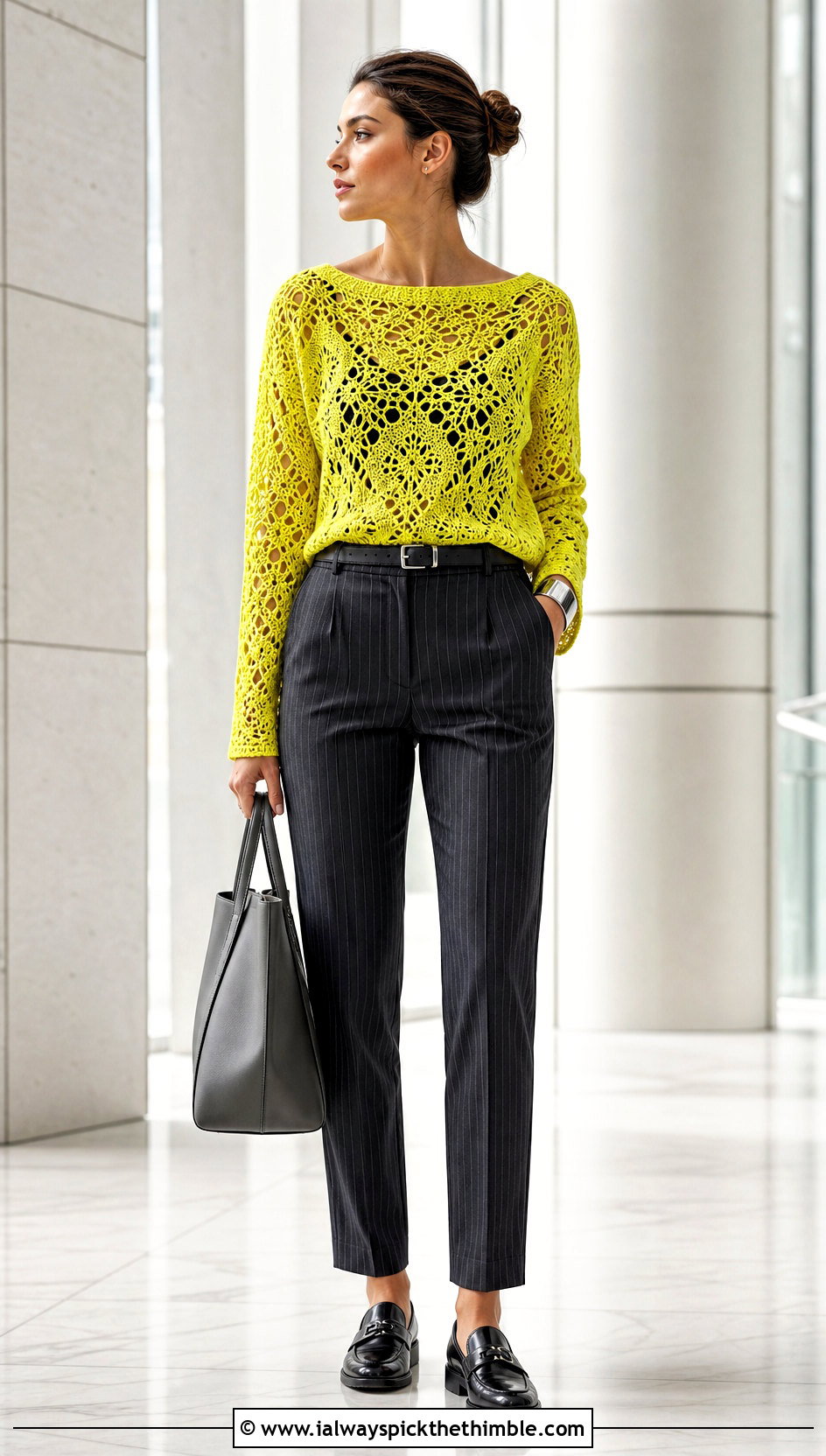 Neon Yellow Boatneck Lace Crochet Sweater With Pinstripe Suit Pants - 15 Yellow Lace Crochet Sweater outfit ideas
