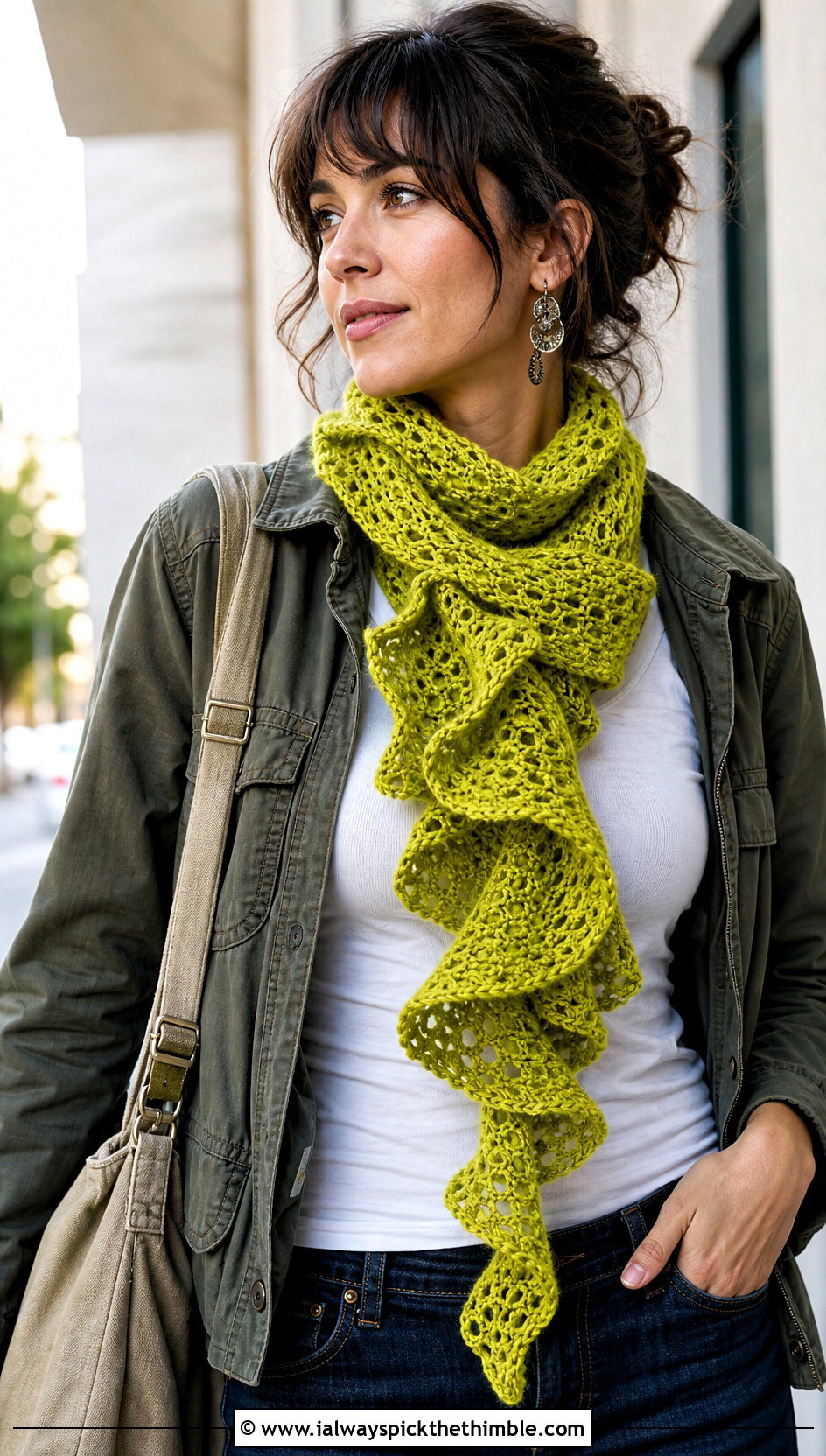 Net Ruffle Spiral Crochet Scarf With Utility Jacket - 15 easy spiral crochet scarf outfit ideas