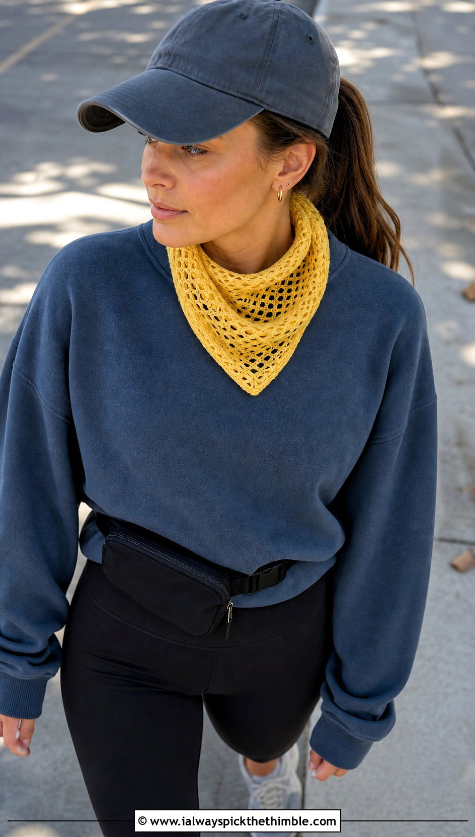 Net Stitch Bandana Scarf With Athleisure - 15 openwork crochet scarf outfit ideas