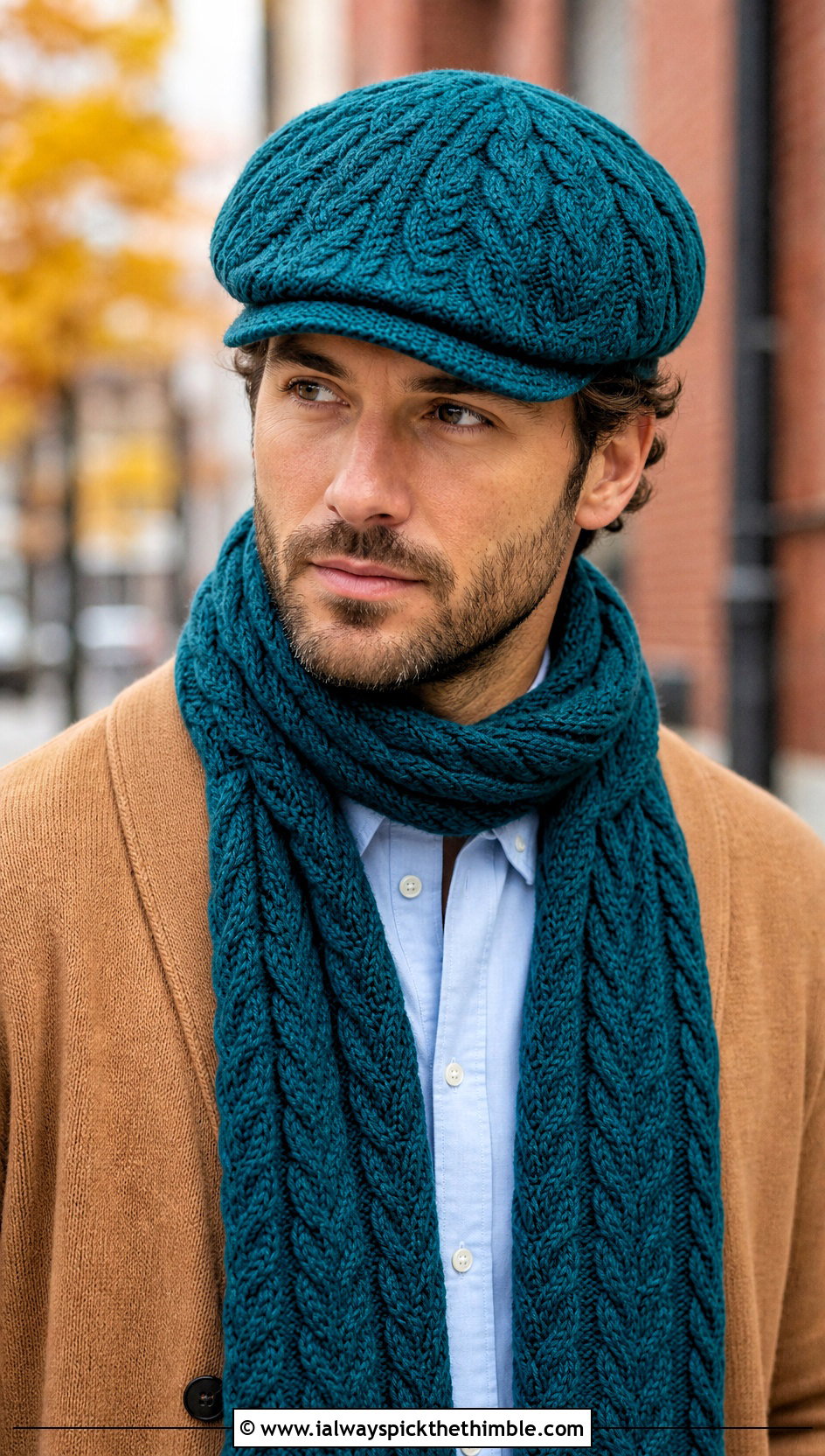 Newsboy Cap And Cable Scarf With Cardigan And Chinos - 15 Mens Crochet Hat And Scarf outfit ideas