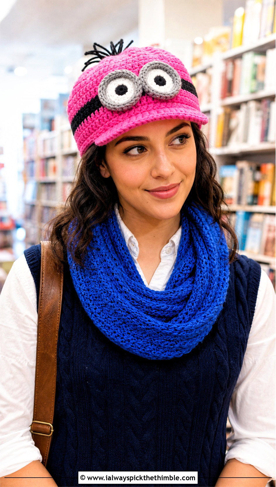 Newsboy Crochet Cap And Loop Scarf With Sweater Vest - 15 minion-themed crochet hat and scarf outfit ideas