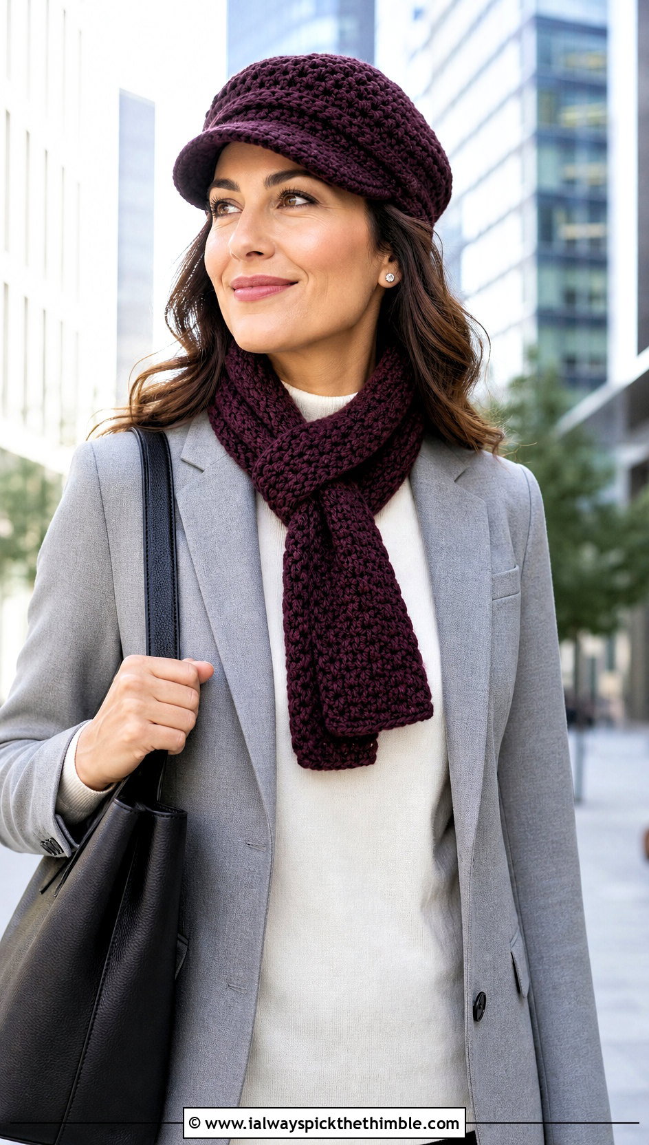 Newsboy Crochet Cap Scarf With Blazer And Trousers - 20 Crochet Cap Scarf outfit ideas