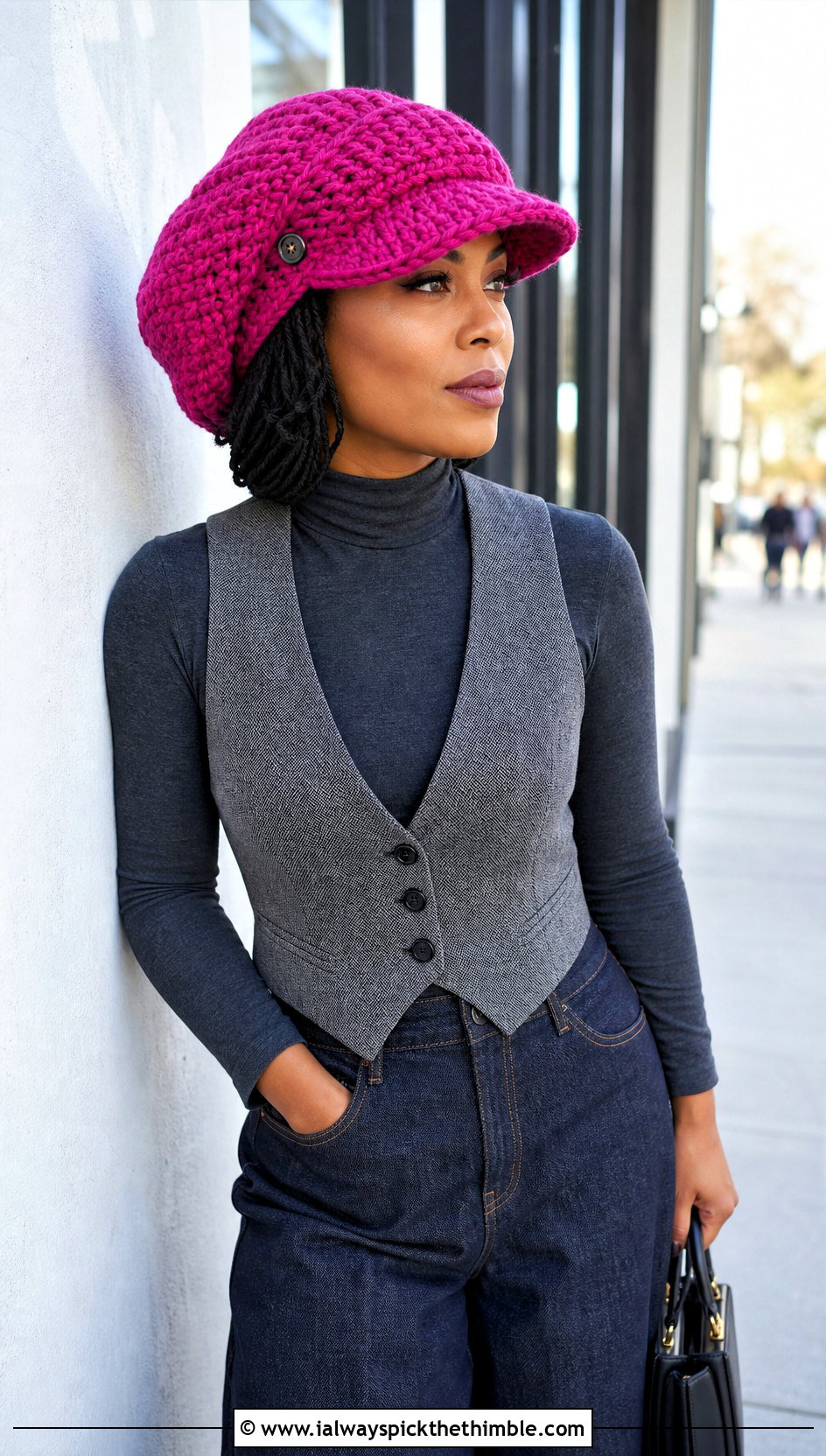 Newsboy Crochet Loc Cap With Vest And Wide Leg Jeans - 20 Crochet Dreadlock Hat outfit ideas