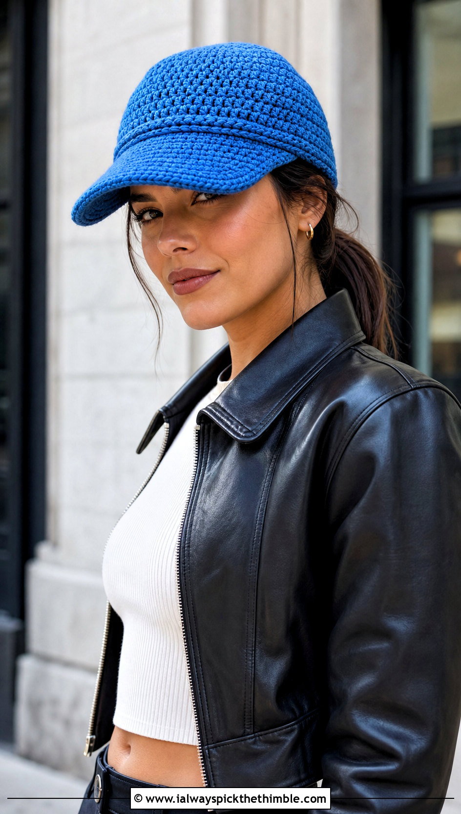 Newsboy Crochet Ponytail Cap With Leather Jacket - 25 crochet ponytail hat outfit ideas