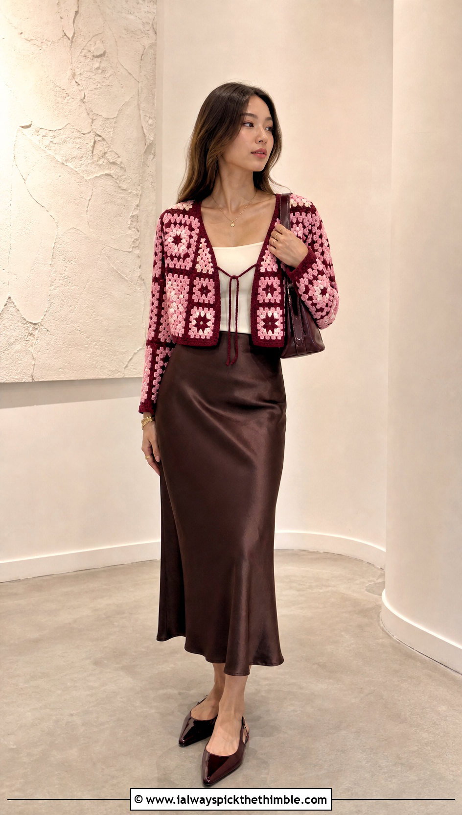 Nezuko Cropped Granny Square Cardigan With Slip Skirt - 25 Demon Slayer Crochet Cardigan outfit ideas