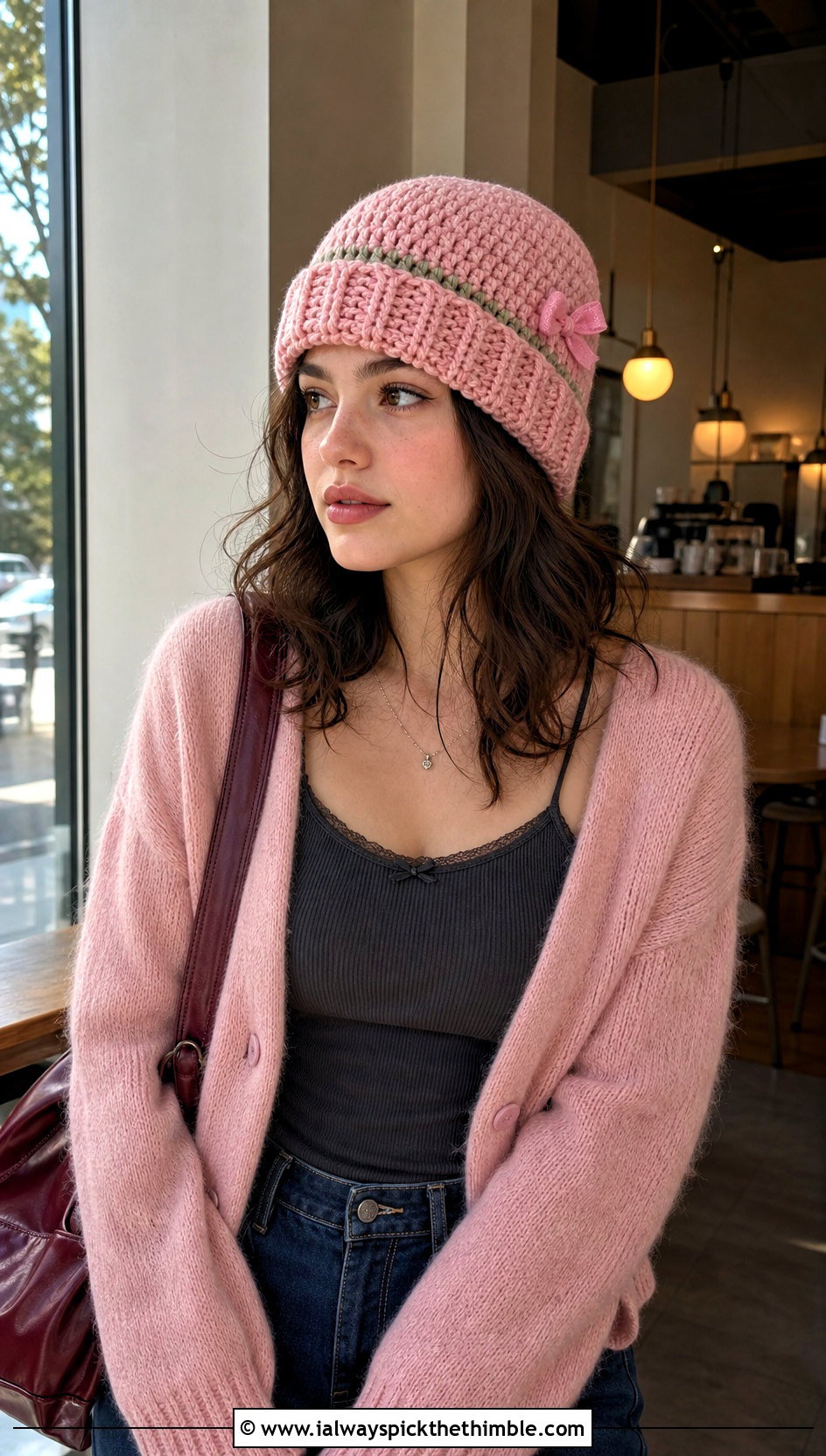 Nezuko Cuffed Beanie With Pink Cardigan and Wide Leg Jeans - 20 Demon Slayer Crochet Hat outfit ideas