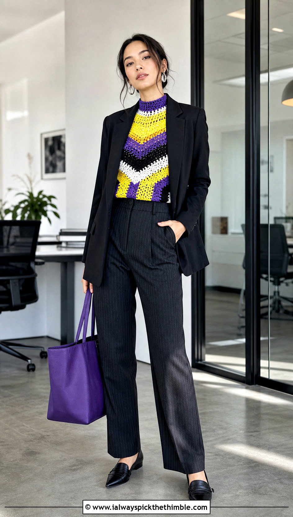 Nonbinary Crochet Mock Neck Top With Pinstripe Pants - 25 crochet pride top outfit ideas