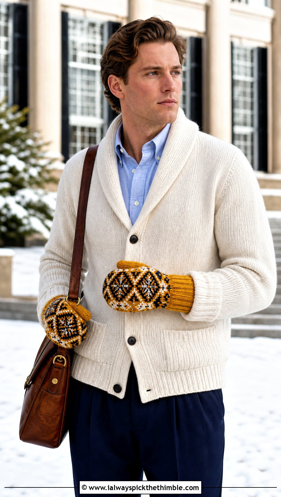 Nordic Colorwork Crochet Mittens With Cardigan - 20 crochet mittens for men outfit ideas