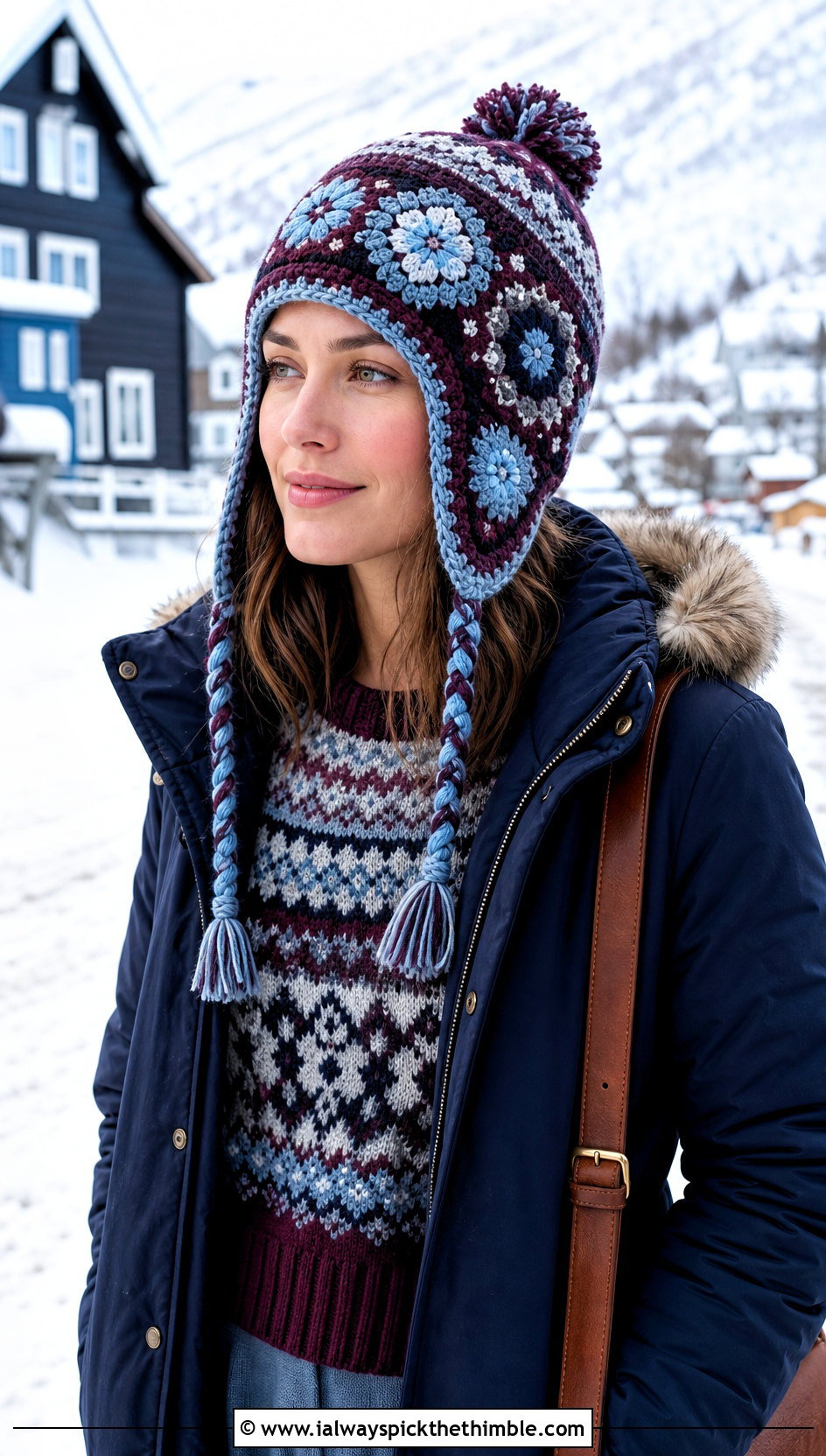 Nordic Earflap Crochet Beanie With Fair Isle Sweater - 20 Earflap Crochet Beanie outfit ideas