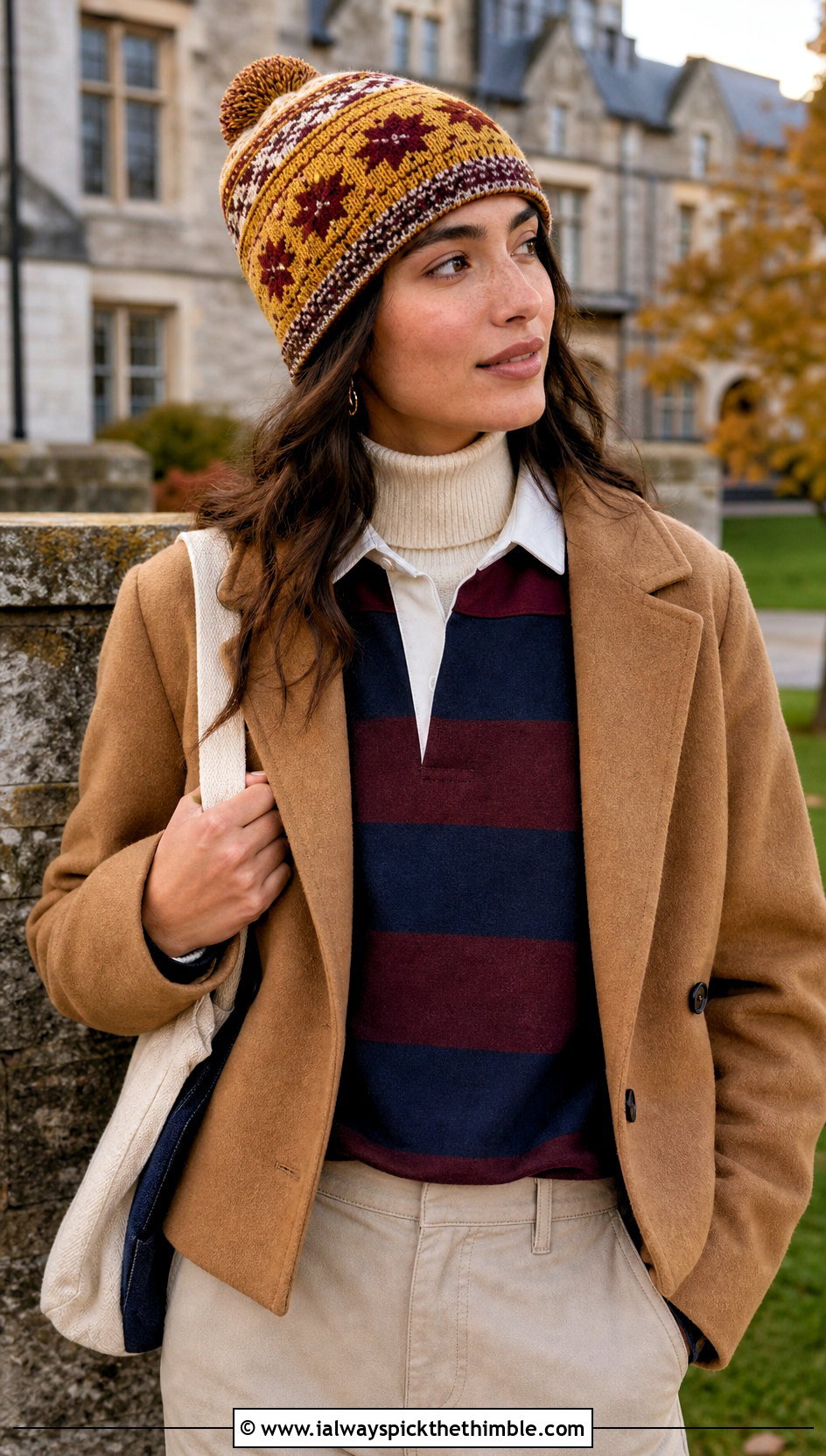 Nordic Fair Isle Beanie With Rugby Shirt And Chinos - 20 Crochet Fair Isle Hat outfit ideas