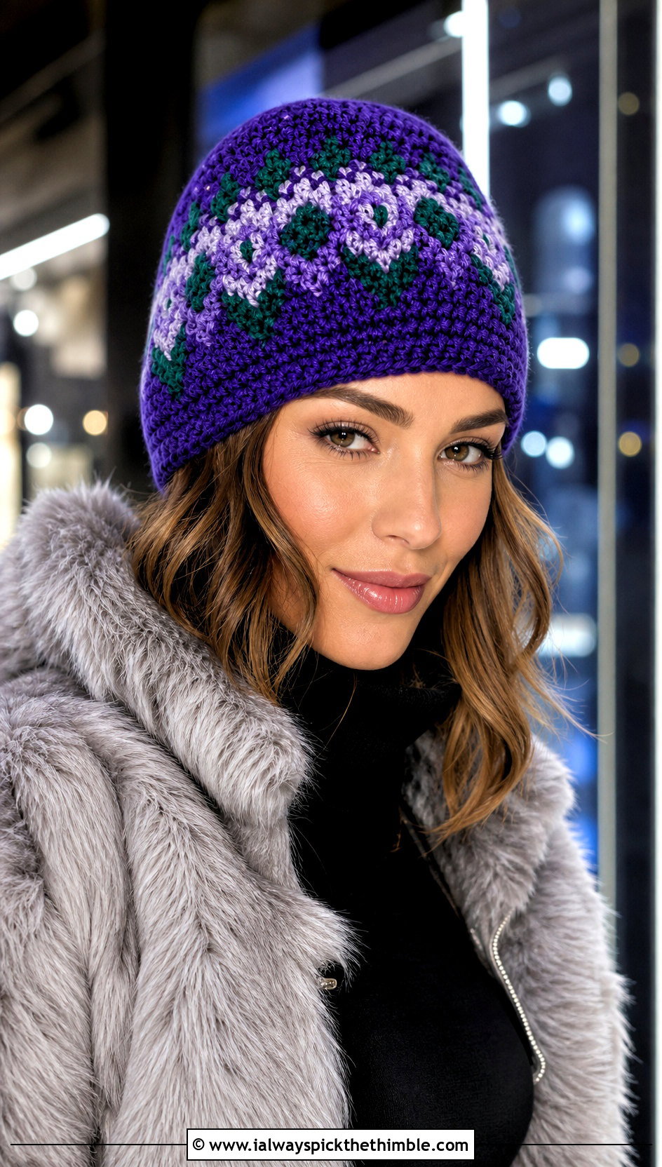 Nordic Fair Isle Crochet Beanie With Faux Fur Jacket - 20 fair isle crochet hat outfit ideas