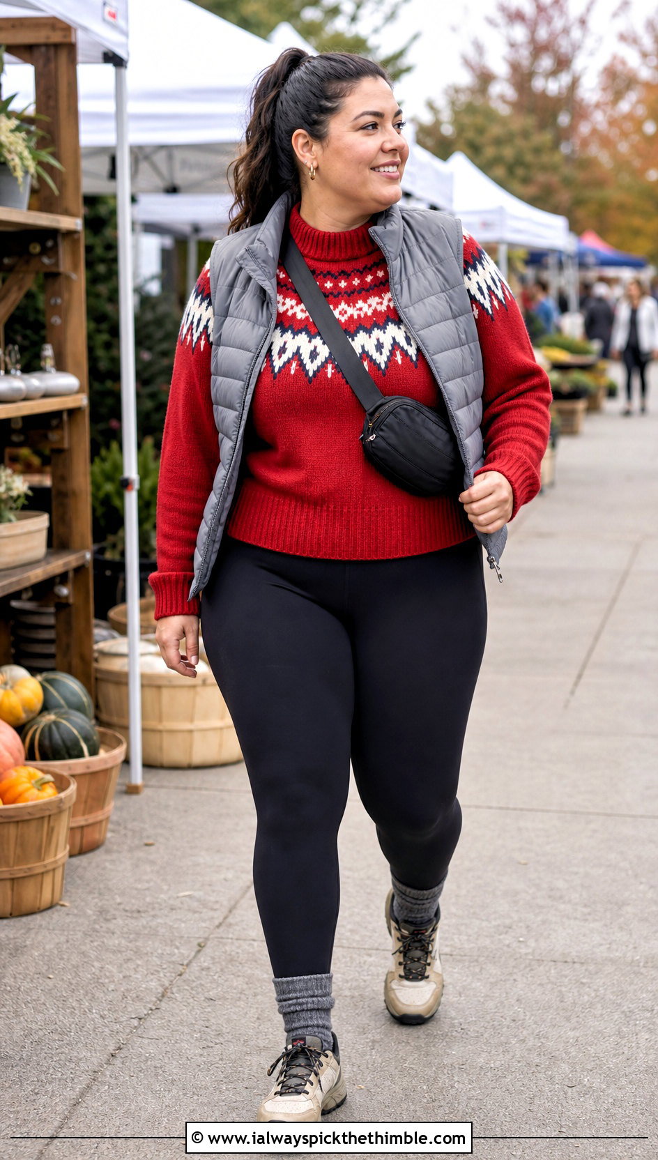 Nordic Mountain Yoke Sweater With Leggings And Puffer Vest - 15 Crochet Mountain Sweater outfit ideas