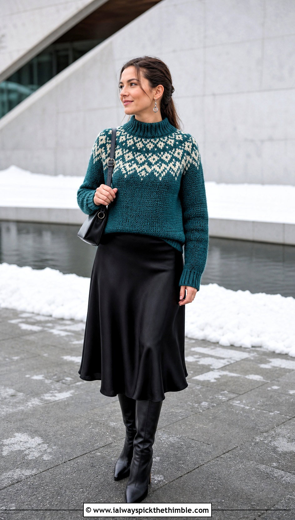 Nordic Yoke Crochet Sweater With Black Midi Skirt - 20 Yoke Down Crochet Sweater outfit ideas