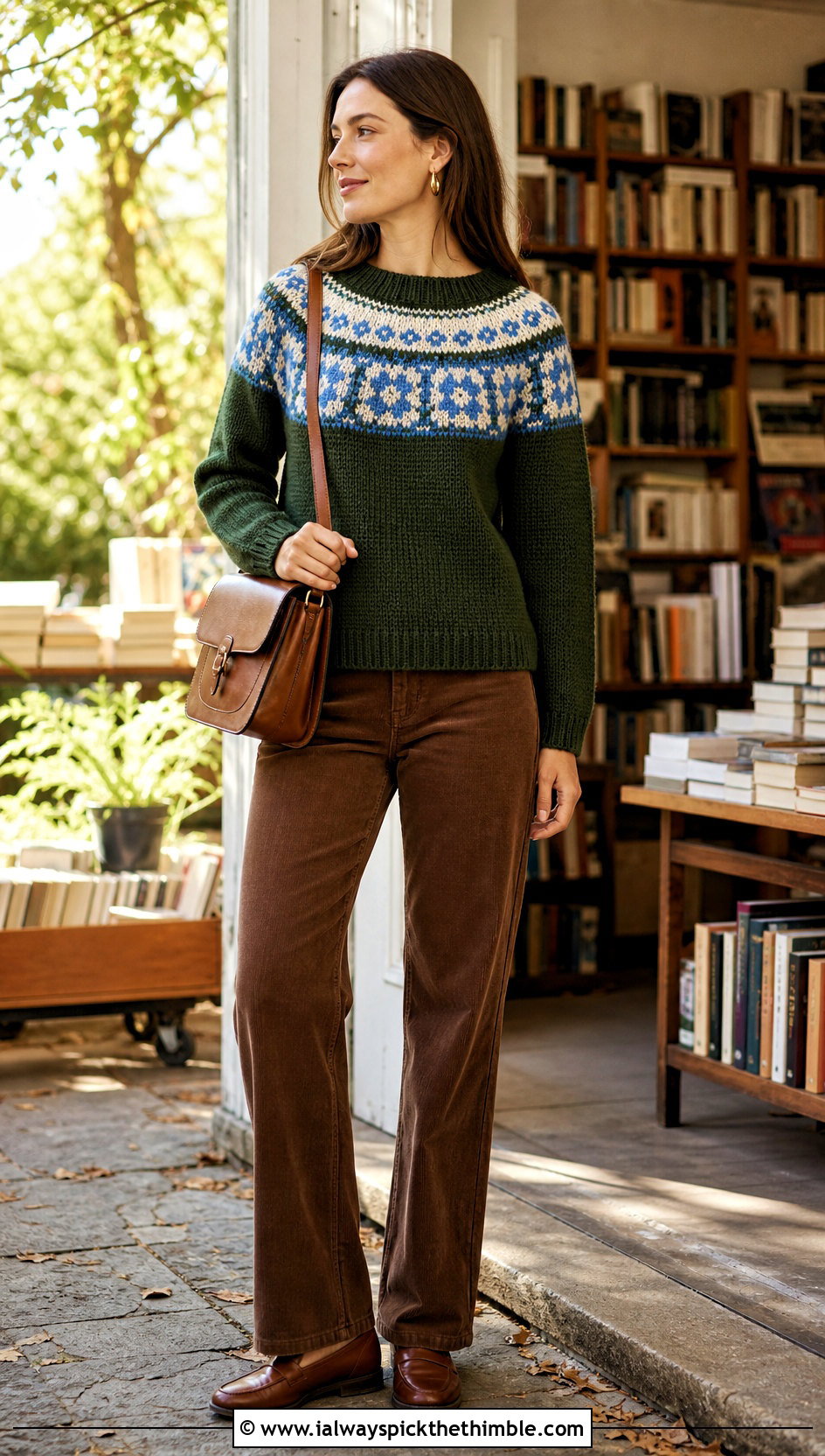 Nordic Yoke Mosaic Crochet Sweater With Corduroy Pants - 20 Mosaic Crochet Sweater outfit ideas