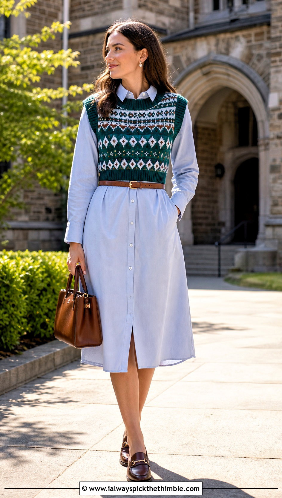 Norwegian Motif Crochet Sweater Vest Over A Shirt Dress - 20 Norwegian Crochet Sweater outfit ideas