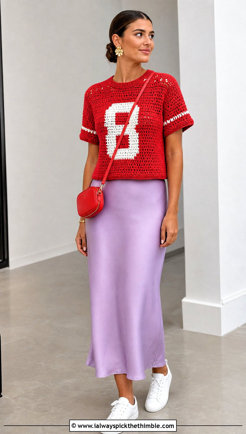 Number Graphic Crochet Game Day Top With Satin Midi Skirt - 20 Crochet Game Day Top outfit ideas