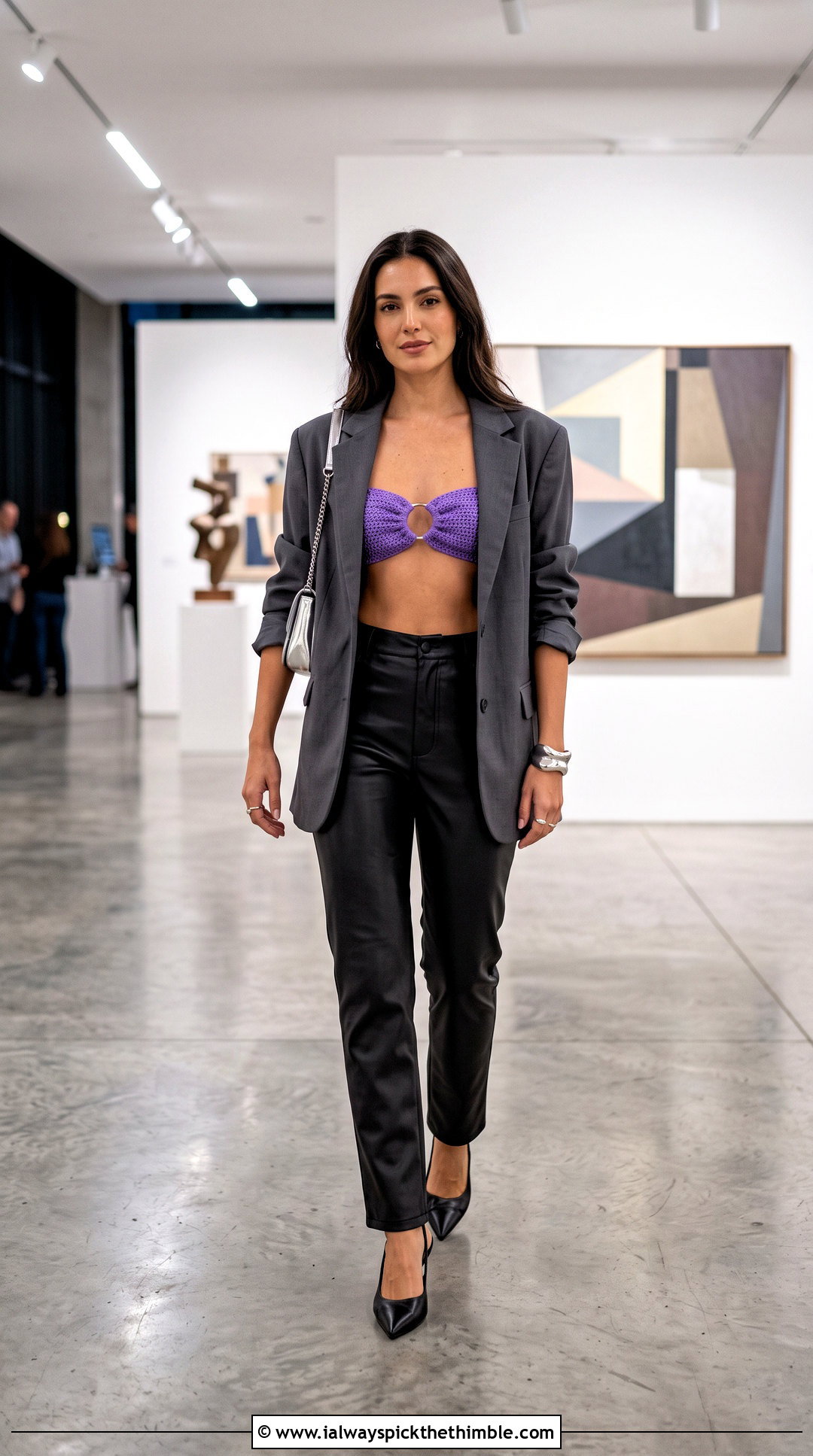 O Ring Crochet Bandeau Top With Leather Pants - 20 crochet bando top outfit ideas