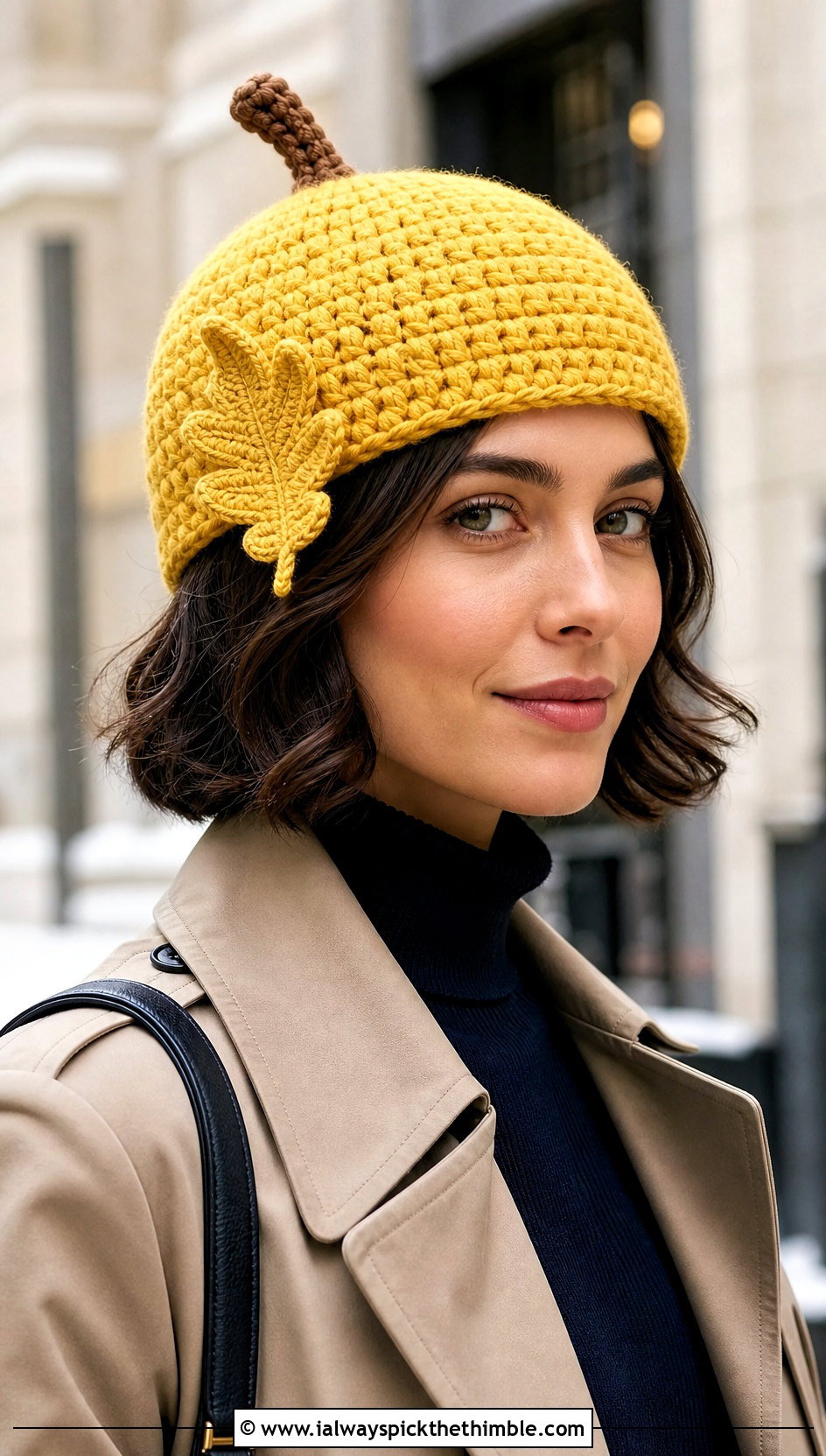 Oak Leaf Crochet Acorn Hat With Trench Coat - 20 crochet acorn hat outfit ideas