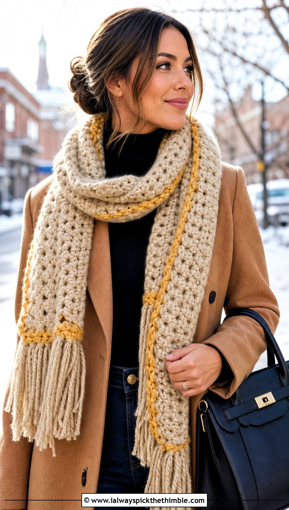 Oatmeal Chunky Fringe Crochet Scarf With Wool Coat - 15 neutral tone crochet scarf outfit ideas