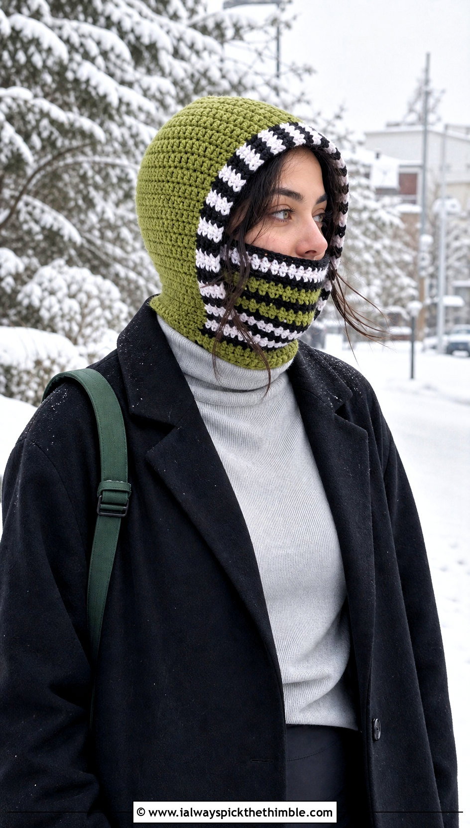 Obanai Striped Balaclava With Wool Coat and Leggings - 20 Demon Slayer Crochet Hat outfit ideas