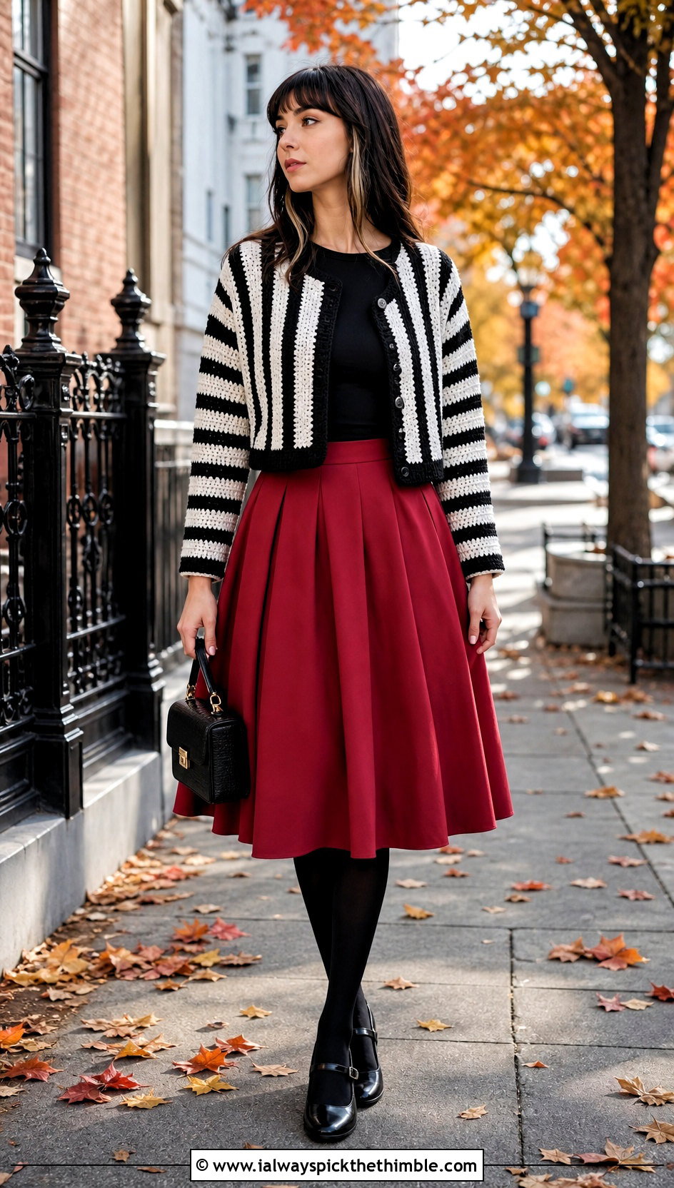Obanai Striped Crochet Cardigan With Red Midi Skirt - 25 Demon Slayer Crochet Cardigan outfit ideas