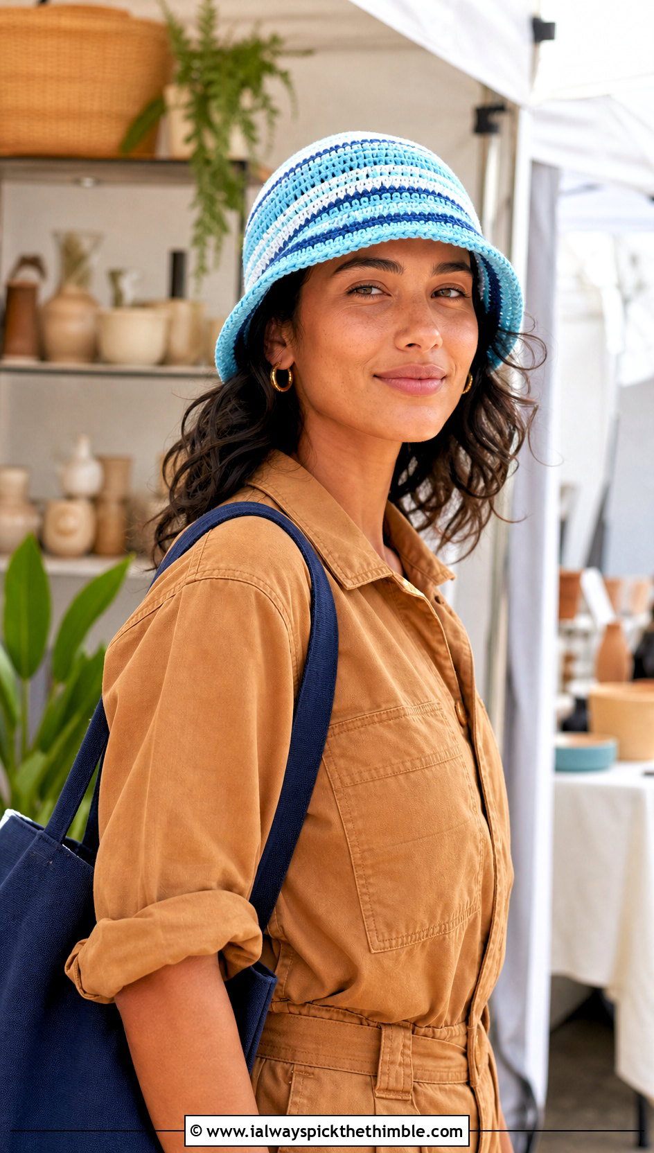 Ocean Blue Striped Crochet Bucket Hat With Utility Jumpsuit - 25 Blue Crochet Hat outfit ideas