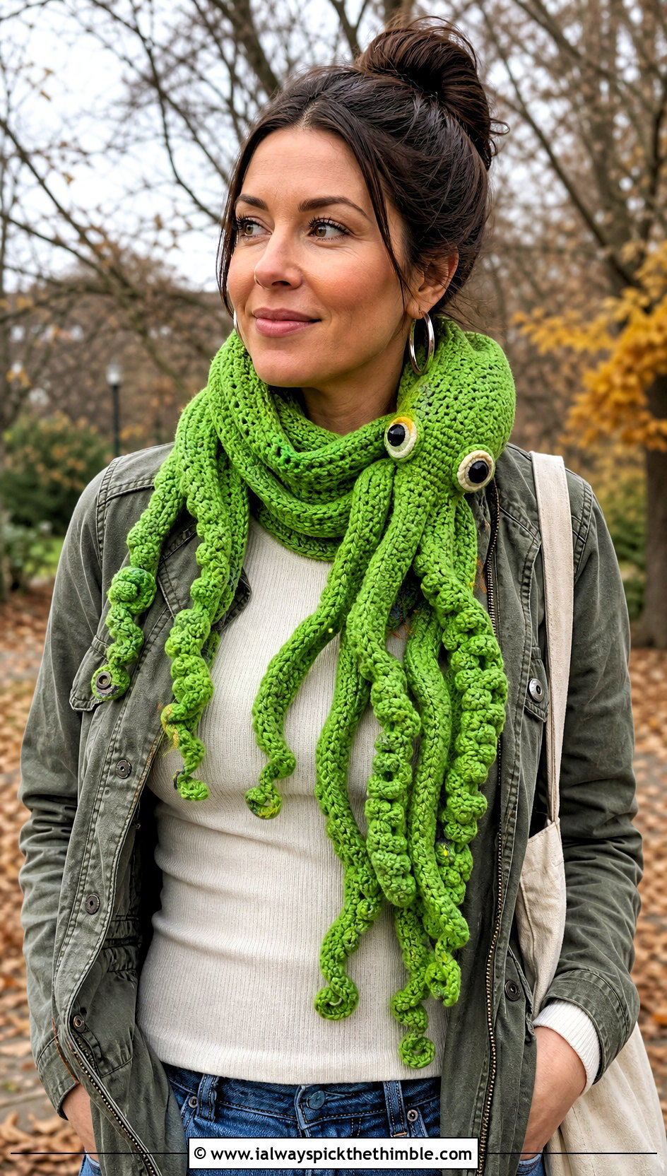 Octopus Crochet Scarf With Utility Jacket Outfit - 15 Funny Crochet Scarves outfit ideas
