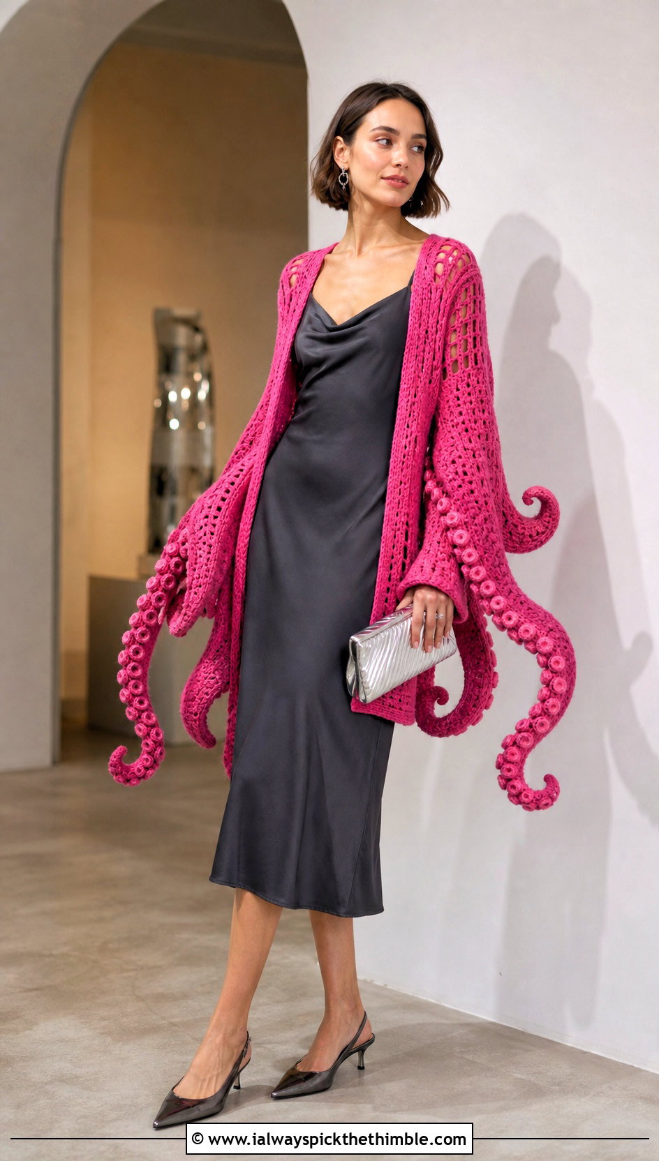 Octopus Sleeve Crochet Cardigan With Slip Dress - 20 weird crochet clothes and outfit ideas