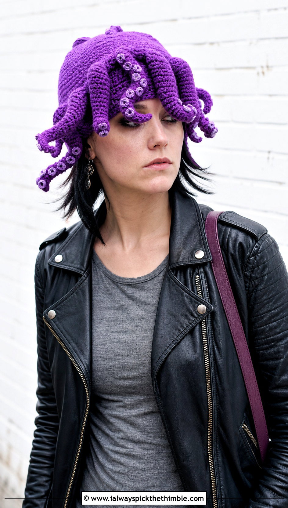 Octopus Tentacle Crochet Beanie With Leather Jacket - 20 Weird Crochet Hat outfit ideas