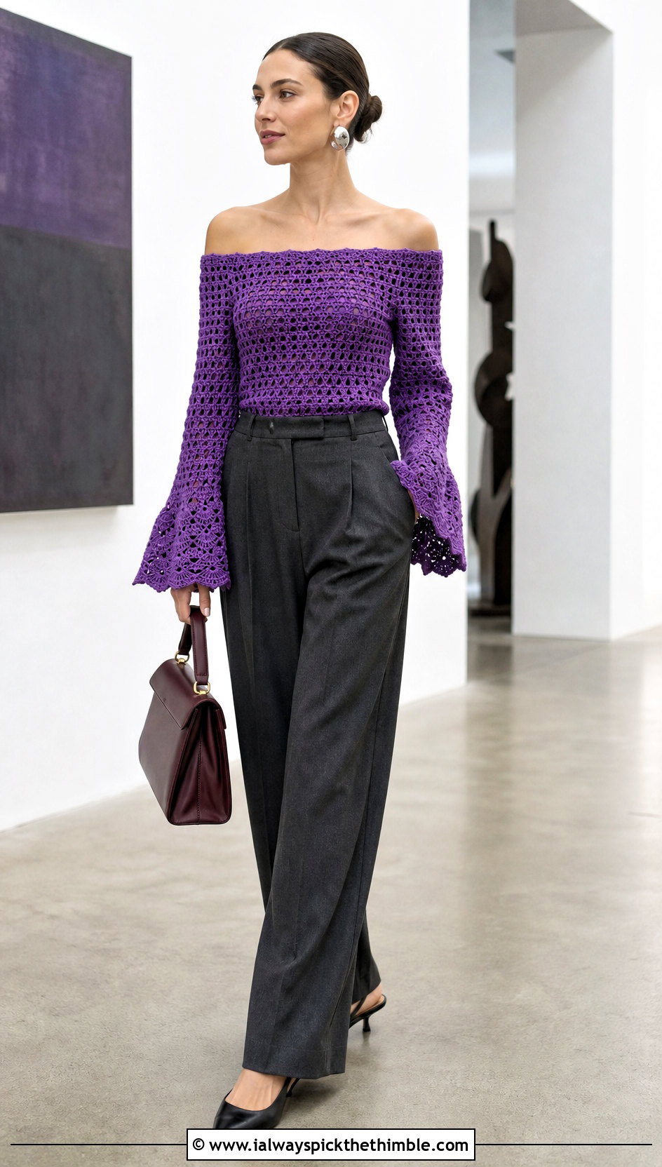 Off Shoulder Bell Sleeve Crochet Sweater With Tailored Trousers - 20 crochet sweater bell sleeves outfit ideas