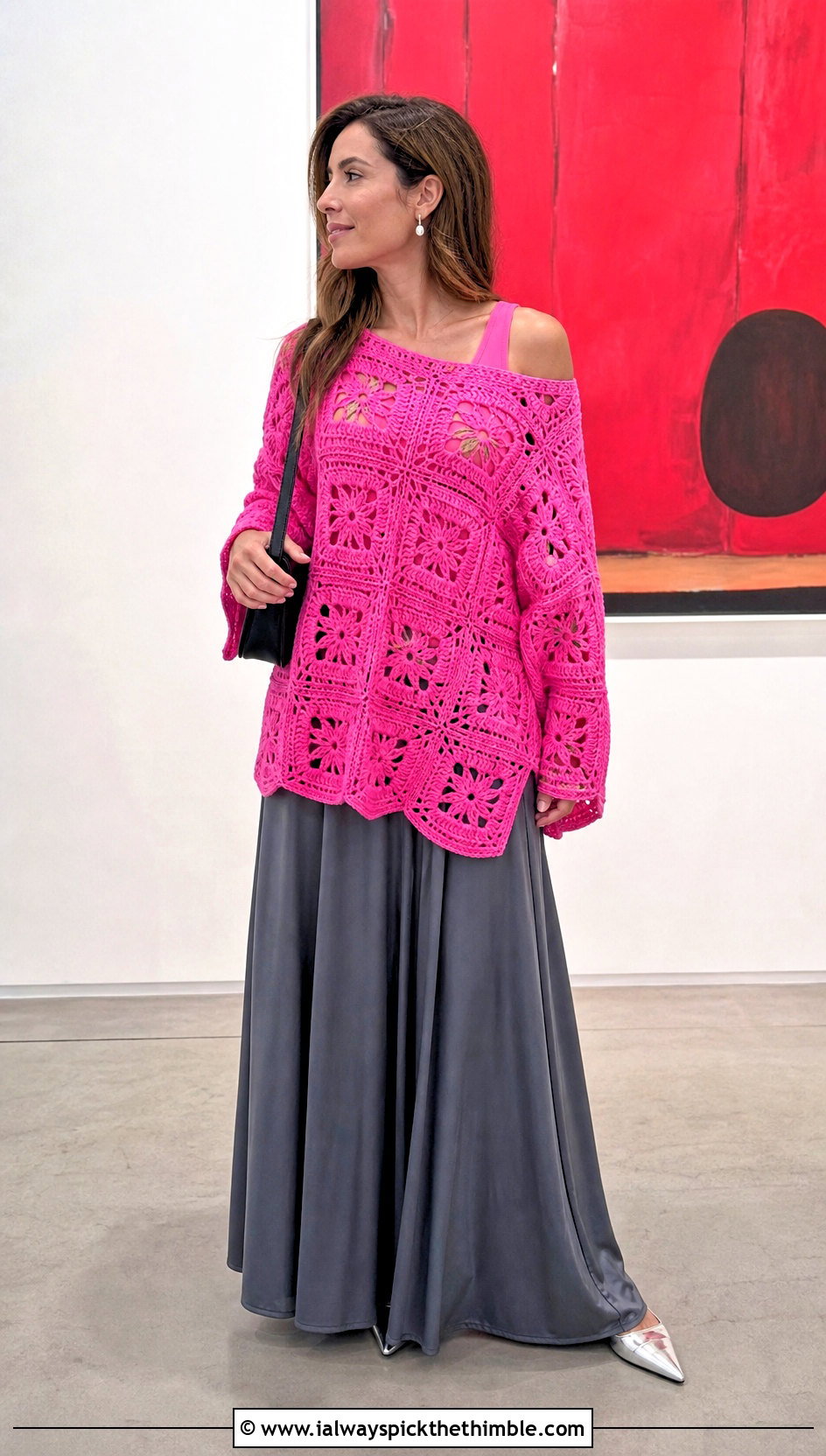 Off Shoulder Big Granny Square Pullover With Maxi Skirt - 25 big granny square sweater outfit ideas