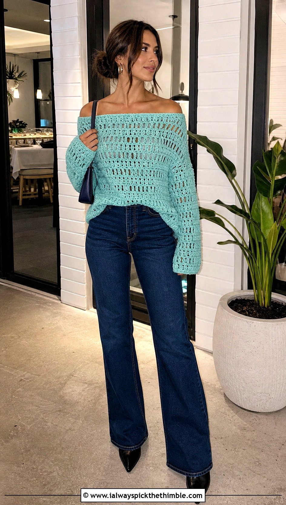 Off Shoulder Bulky Yarn Crochet Sweater With Dark Wash Jeans - 20 bulky yarn crochet sweater outfit ideas