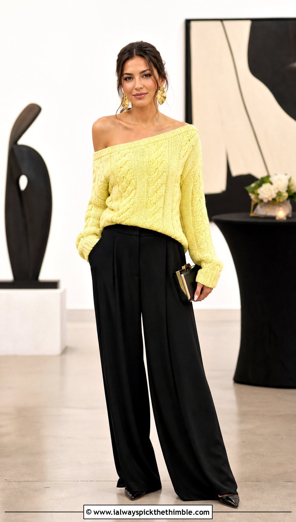 Off Shoulder Cable Crochet Sweater With Wide Leg Pants - 20 Cable Knit Crochet Sweater outfit ideas