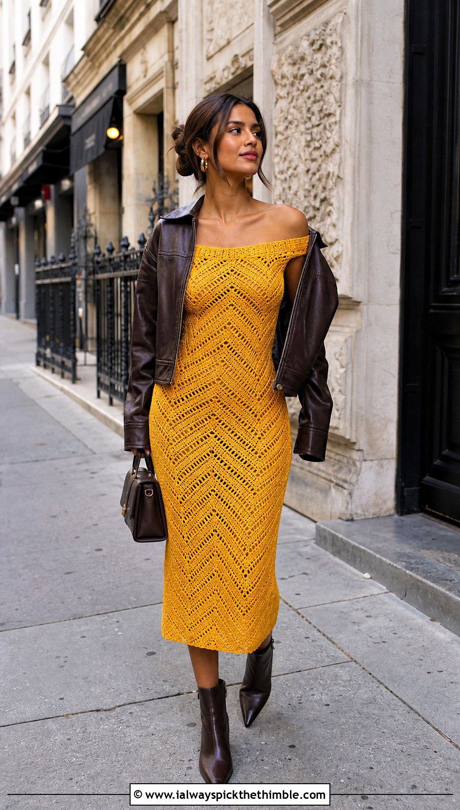 Off Shoulder Chevron Crochet Dress With Leather Jacket - 20 Off Shoulder Crochet Dress outfit ideas