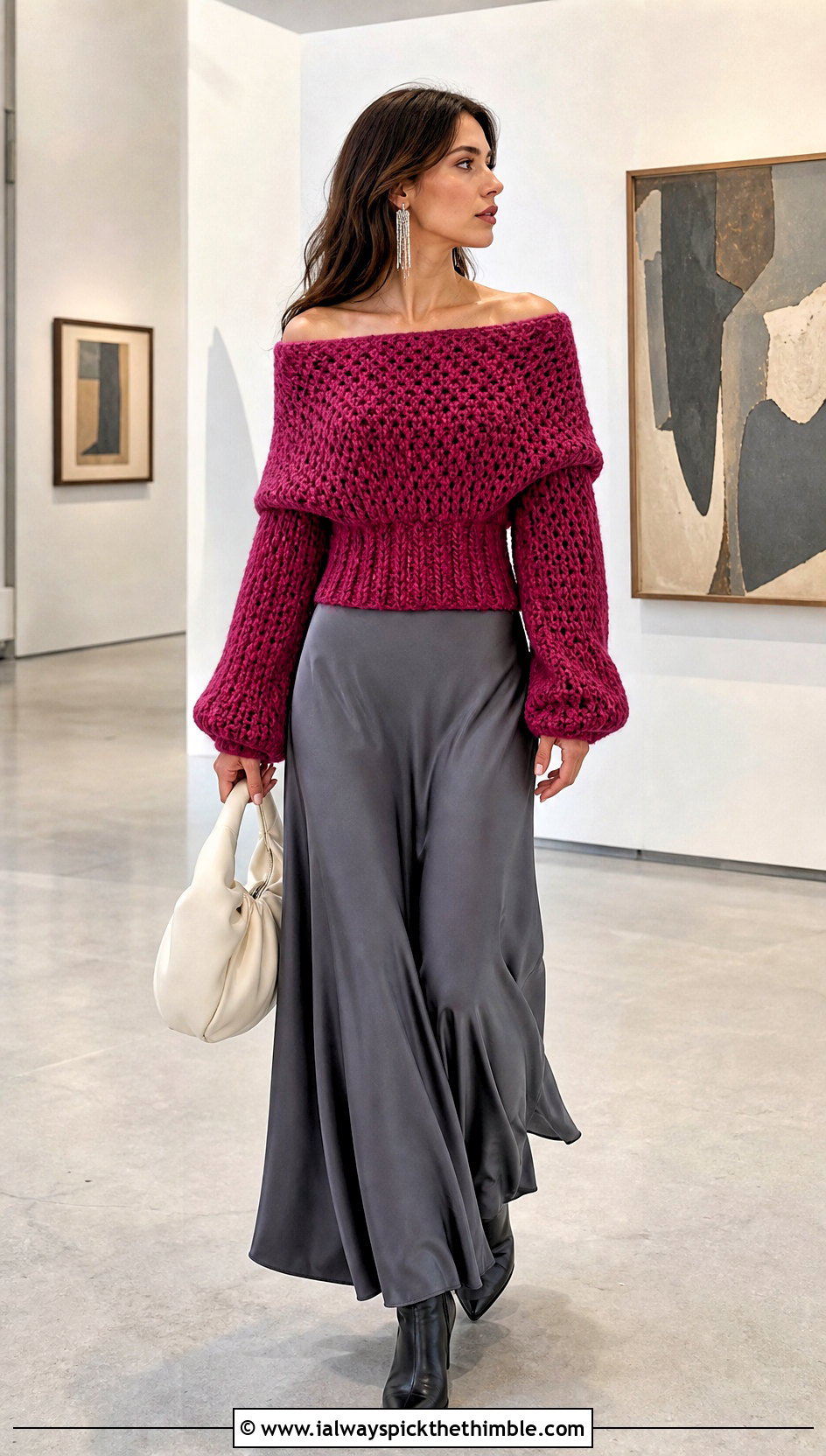 Off Shoulder Chunky Crochet Sweater With Bias Cut Maxi Skirt - 25 chunky crochet sweater outfit ideas