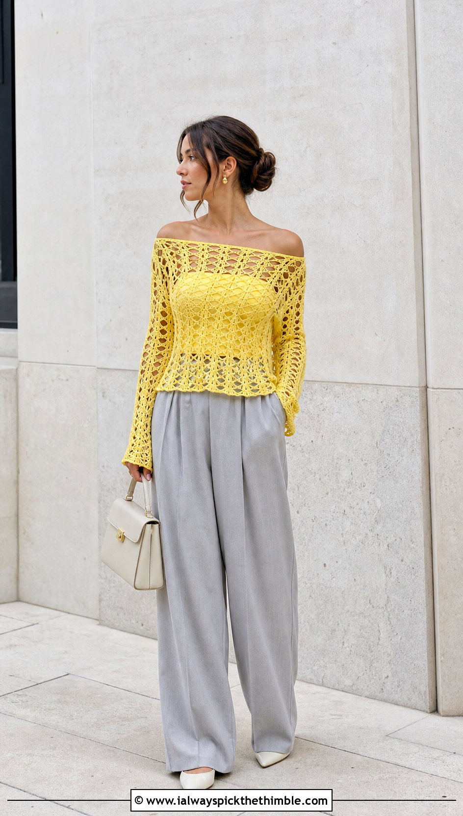 Off Shoulder Cobweb Top With Wide Leg Trousers - 20 Crochet Cobweb Top outfit ideas