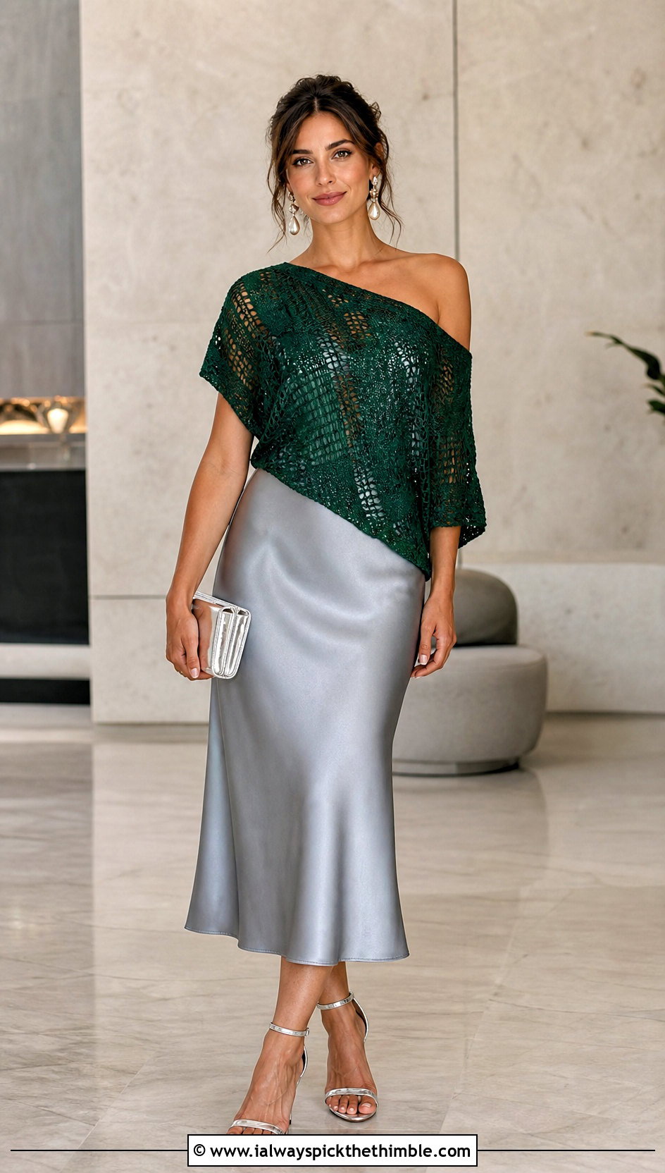 Off Shoulder Crochet Asymmetrical Top With Satin Skirt - 25 crochet asymmetrical top outfit ideas