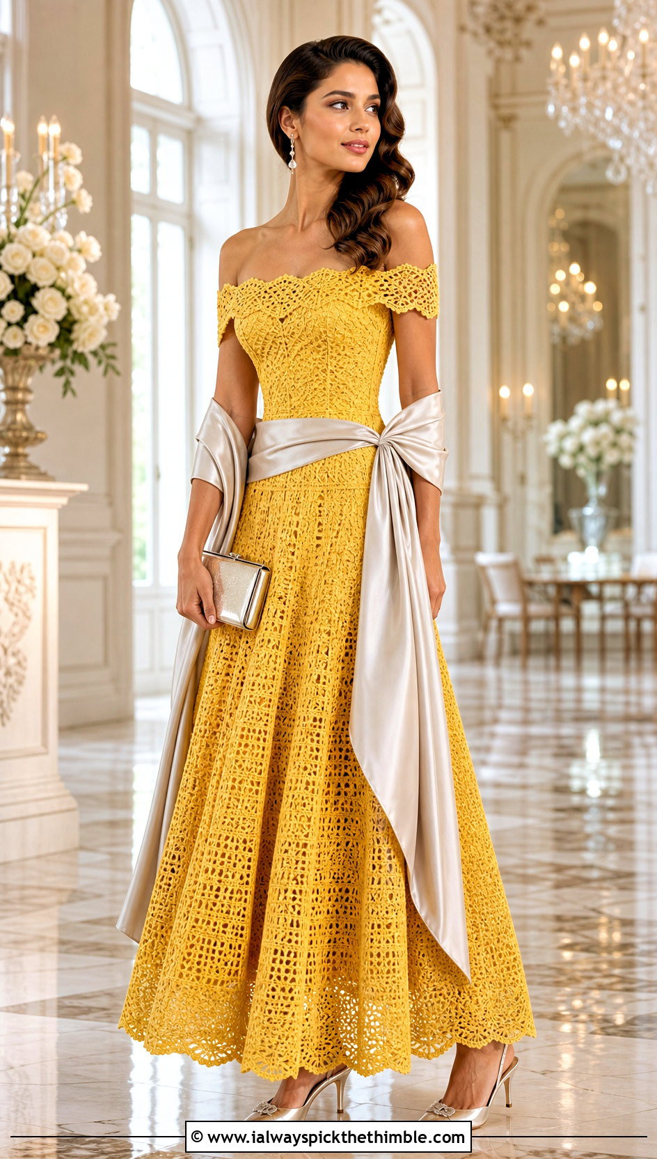 Off Shoulder Crochet Ball Gown Dress With Satin Wrap - 20 crochet ball gown dress outfit ideas