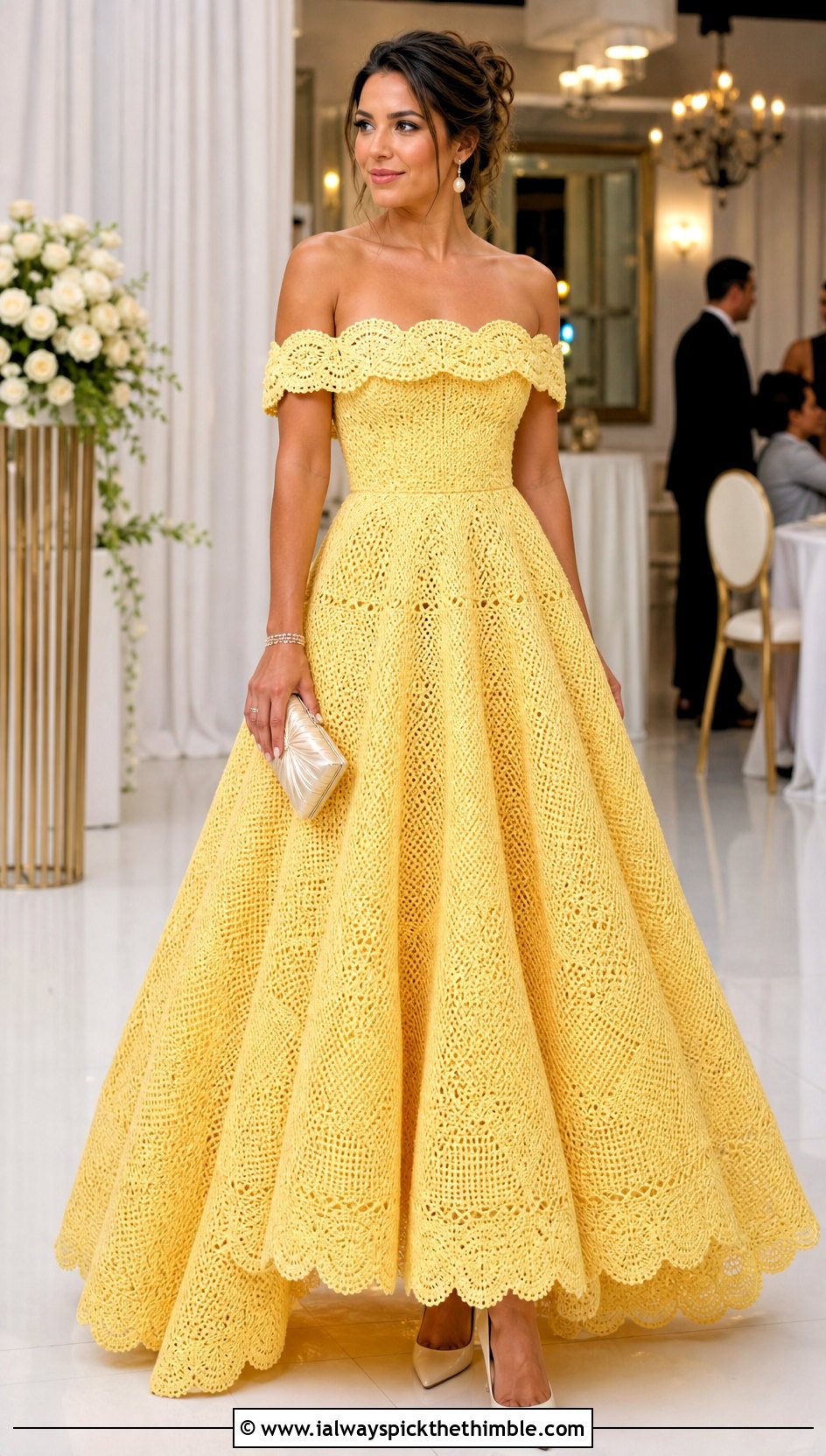 Off Shoulder Crochet Ball Gown With Pearl Accessories - 20 Crochet Ball Gown outfit ideas