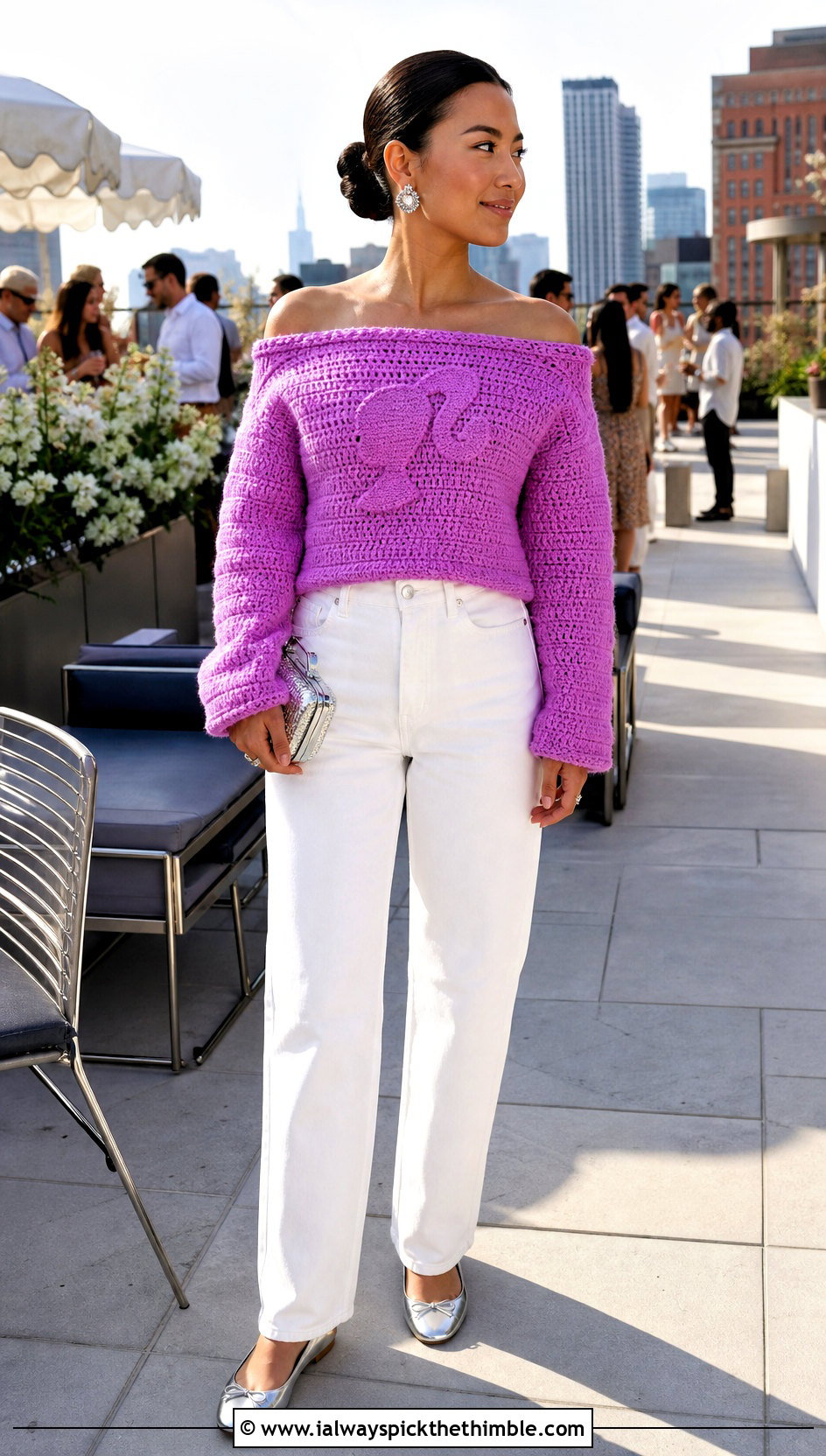 Off Shoulder Crochet Barbie Sweater With White Jeans - 20 crochet barbie sweater outfit ideas