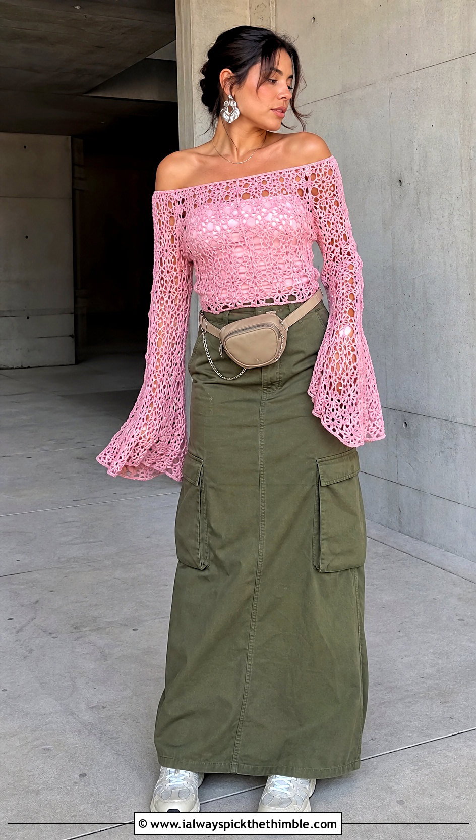 Off Shoulder Crochet Bell Sleeve Top With Cargo Maxi Skirt - 20 crochet top with bell sleeves outfit ideas