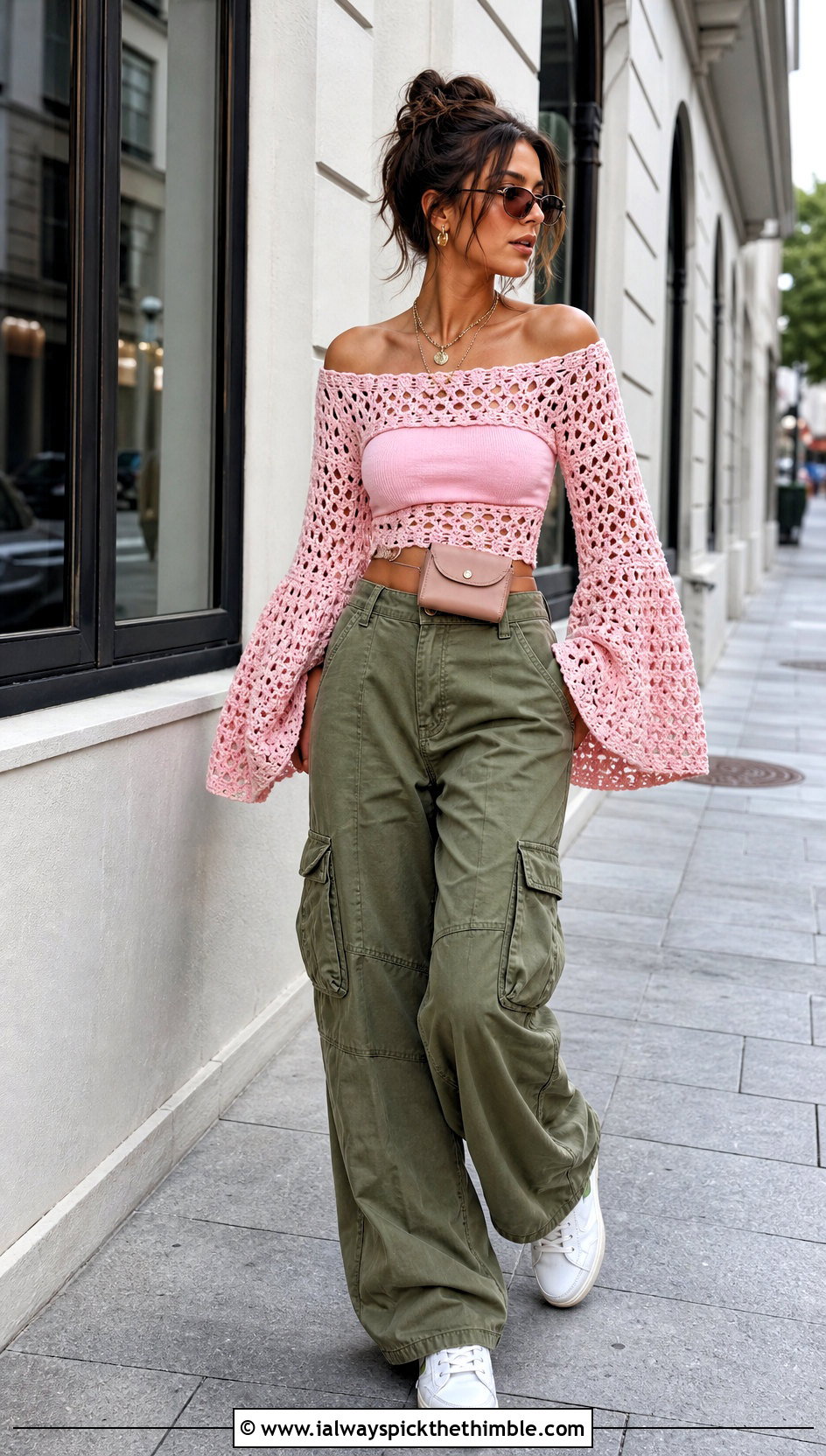 Off Shoulder Crochet Bell Sleeve Top With Cargo Pants - 15 crochet bell sleeve top outfit ideas