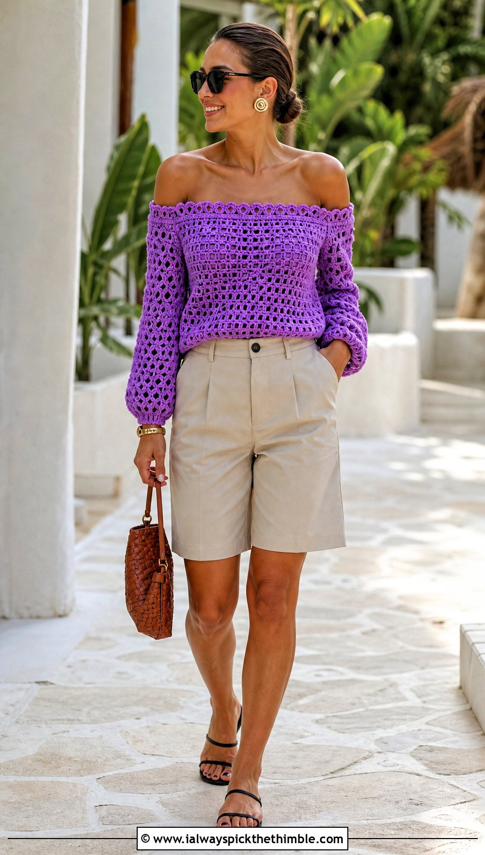 Off Shoulder Crochet Blouse With Bermuda Shorts - 15 quick crochet blouse outfit ideas
