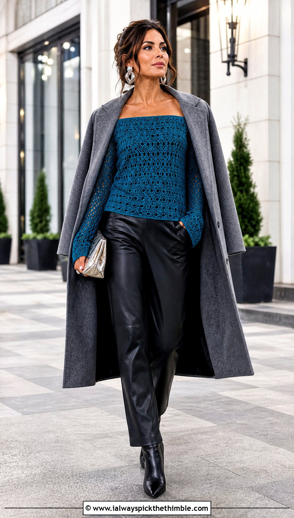 Off Shoulder Crochet Blouse With Leather Pants - 15 fall crochet blouse outfit ideas