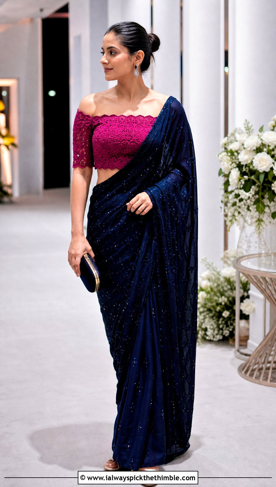 Off Shoulder Crochet Blouse With Sequin Saree - 25 Crochet Blouse For Saree outfit ideas