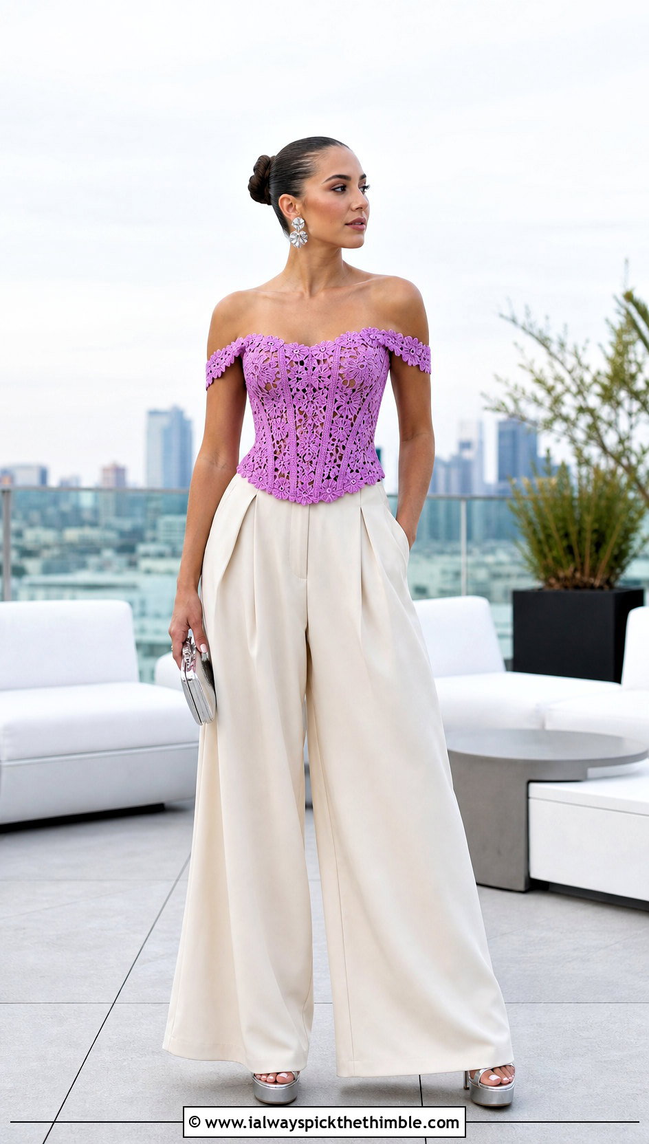 Off Shoulder Crochet Corset Top With Palazzo Pants - 25 crochet corset top outfit ideas