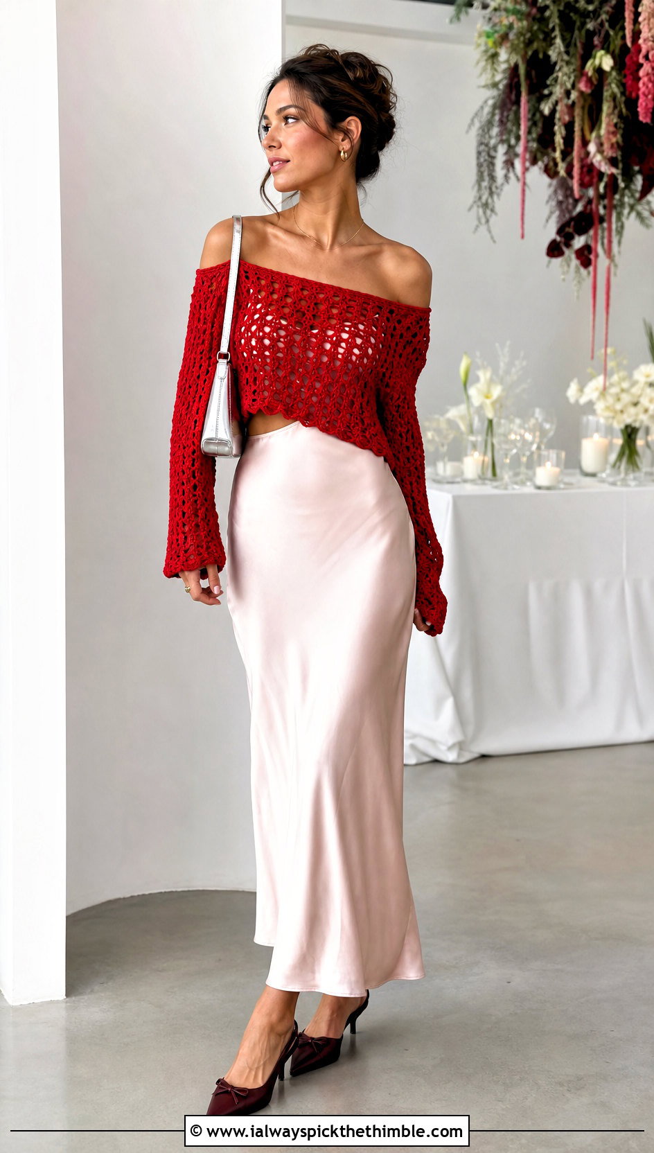 Off Shoulder Crochet Crop Sweater Over A Slip Dress - 25 crochet crop sweater outfit ideas