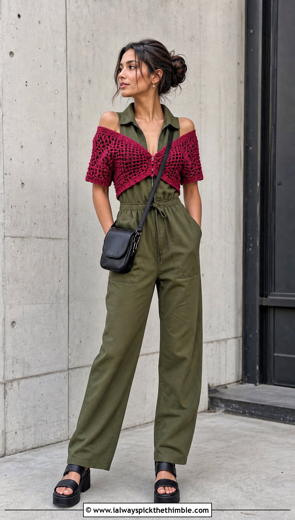 Off Shoulder Crochet Crop Top With Utility Jumpsuit - 20 Easy Crochet Crop Top outfit ideas