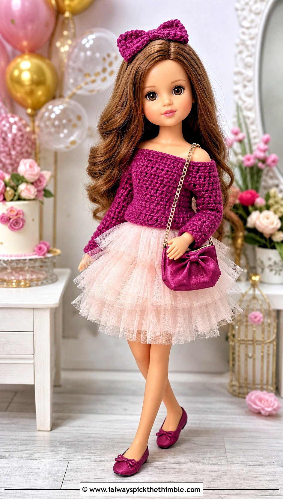 Off Shoulder Crochet Doll Sweater With Tulle Skirt - 25 crochet doll sweater outfit ideas
