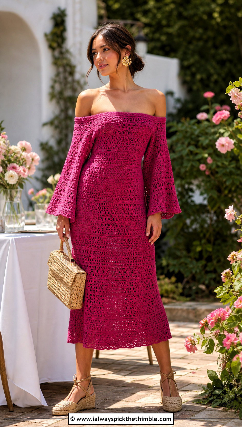 Off Shoulder Crochet Dress With Espadrilles - 15 Boho Hippie Crochet Dress outfit ideas